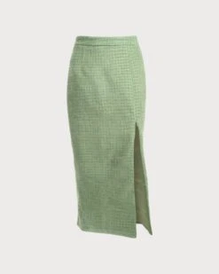 The High Waisted Slit Plaid Tweed Skirt -Outlet Dress Mix Up Store the zipper back plaid tweed skirt green bottoms zumd41